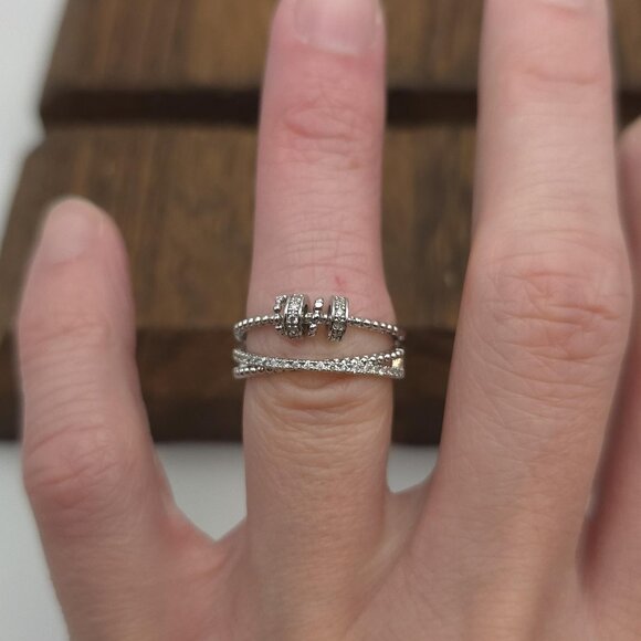 Jewelry - Size 6.5 Sterling Silver Moving CZ Charms Open Ring A655